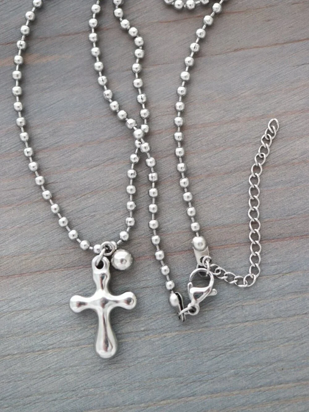 Cross with Bead Charm Pendant Beads Chain Necklace Silver Stainless Steel - Picture 3 of 3